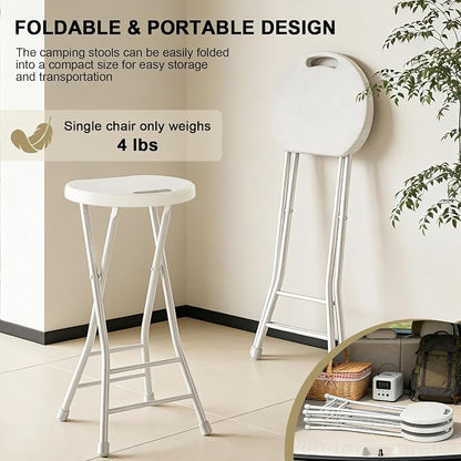 24 Inch Folding Stool Set of 4, Portable Metal Foldable Stool with Handle & Non-Slip Feet, Sturdy 440lbs Capacity High Stool for Kitchen, Camping, Fishing, White