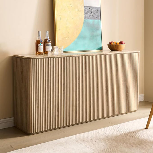 Fluted 4 Doors Sideboard Cabinet with Storage, 64" Wooden Credenza with Shelves, Faux Marble-Top Coffee Bar Console Table, Modern Buffet Cabinet for Dining, Kitchen, Living Room, Entryway, Natural Oak