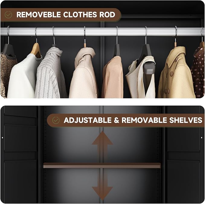 Letaya 71" Metal Wardrobe Cabinets with 2 Drawers,Steel Armoire Wardrobe Closet with Doors and Shelves,Clothing Storage Cabinets with Hanging Rod for Bedroom, Gym, Cloak Room,Black