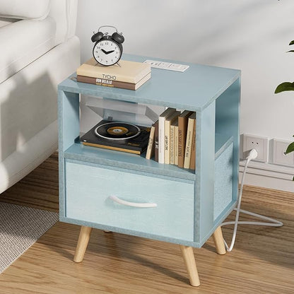 Aenuert Night Stand with Charging Station, Blue Nightstand with Drawer, 2-Tier Wooden Bedside Table with USB Ports and Outlets, End Table for Small Space, Living Room, Bedroom