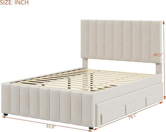 Bellemave Full Size Bed Frame with Twin Trundle Bed and Storage Drawers,Linen Upholstered Bed Frame,Full Size Trundle Bed with Adjustable Headboard for Kids Teens Adults,Beige