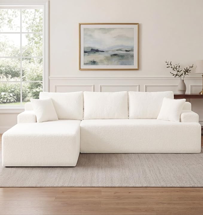 Hobestluk Modular Sectional Sofa Couches L-Shape Couch 3 Seat Modular Sofa Memory Foam Sectional Couches for Living Room, Cloud Couch with Oversized Chaise (White Smooth, 108", Left Hand Facing)