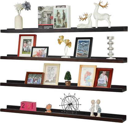 PHOENANCEE Long Floating Shelves for Wall 47 Inch,Real Wood Picture Ledge Shelf with Lip Set of 4,Photo Frame Storage Display for Living Room Nursery Bedroom Bathroom Kitchen Home Decor (Dark Walnut)