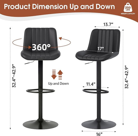JAMFLY Modern Leather Bar Stools – Swivel & Height-Adjustable Bar Chairs with Footrest, Ergonomic Design for Kitchen Island, Home & Commercial Bar – Set of 4, Black