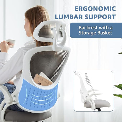 DUMOS Ergonomic Office Chair – High Back Mesh Computer Chair with Lumbar Support, Headrest, Flip-up Arms, and Swivel Wheels – Comfortable Gaming & Desk Chair for Home Bedroom Office,Grey