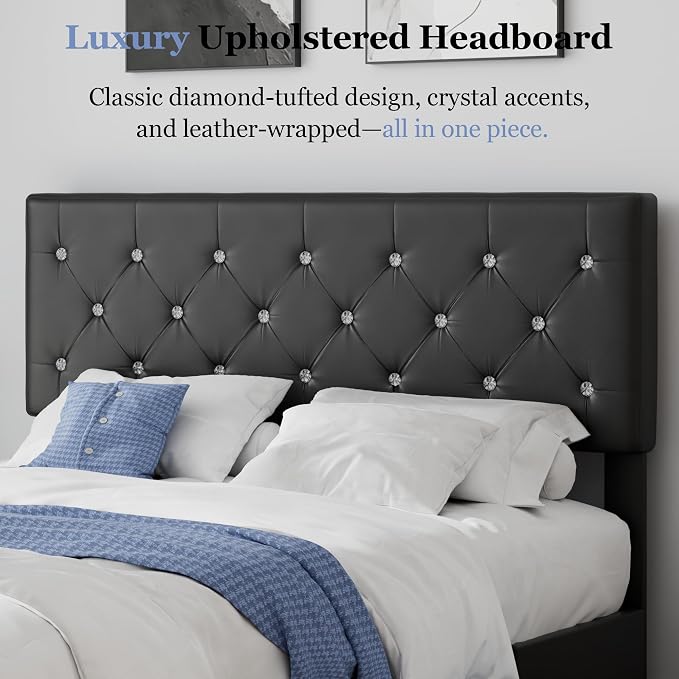VECELO Full Size Bed Frame with 3 Storage Drawers, Leather Upholstered with Diamond Tufted Headboard, Solid Wood Slat Support & Steel Framework, Black