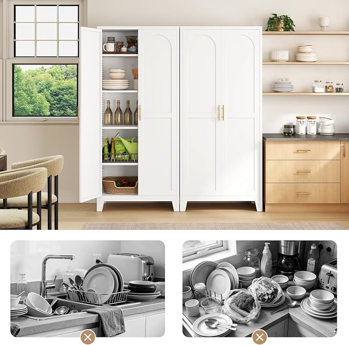 Zevemomo 71'' Tall Metal Pantry Cabinet with 2 Doors, Freestanding Kitchen Storage Cabinet with 4 Adjustable Shelves, Steel Cupboard for Kitchen, Pantry, Dining Room, Living Room, Bathroom, White