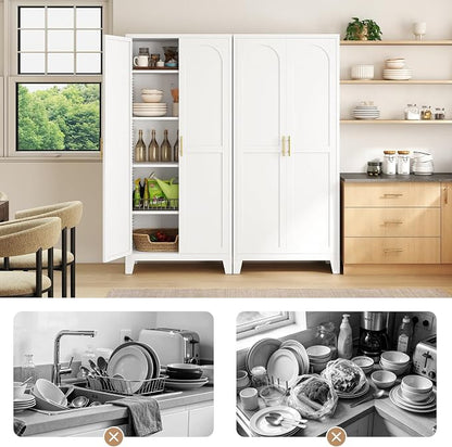 Zevemomo 71'' Tall Metal Pantry Cabinet with 2 Doors, Freestanding Kitchen Storage Cabinet with 4 Adjustable Shelves, Steel Cupboard for Kitchen, Pantry, Dining Room, Living Room, Bathroom, White