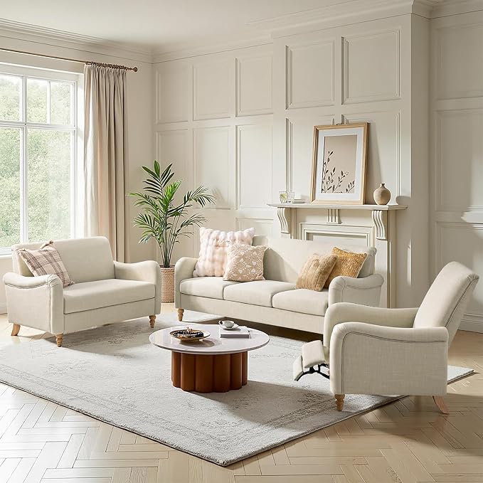 HULALA HOME Farmhouse Recliner Chairs Set of 2 with Solid Wood Spindle Legs, Curved Push Back Recliner Armchairs with Adjustable Backrest & Footrest, Comfy High Back Lazyboy Single Sofas, Linen