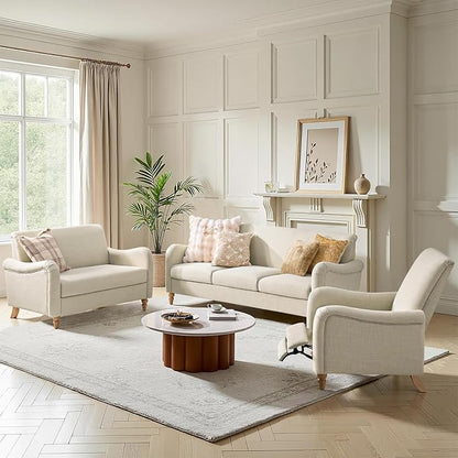 HULALA HOME Farmhouse Recliner Chairs Set of 2 with Solid Wood Spindle Legs, Curved Push Back Recliner Armchairs with Adjustable Backrest & Footrest, Comfy High Back Lazyboy Single Sofas, Linen