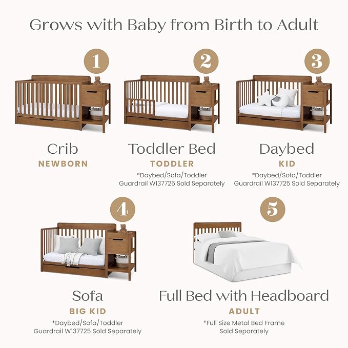 Delta Children Maya 5-in-1 Convertible Crib and Changer with Storage, Converts to Toddler Bed, Daybed, Sofa & Full Bed, Greenguard Gold Certified, 3 Mattress Heights for Baby, Chestnut