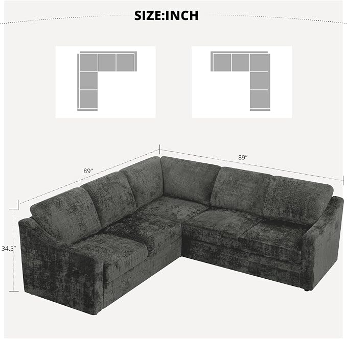 89" Chenille Sectional Sofa with High Density Sponge, Modern 5 Seats Corner Couch with Deep Seat, Comfy Modular L Shaped Couch with Comfortable Back Cushions for Living Room, Grey