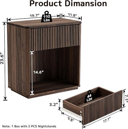 Modern Fluted Nightstand Set of 2 for Bedroom, Mid Century Bedside Table with Drawer & Open Shelf, Wood End Table, Farmhouse Night Stand for Home, Hallway, Office, Walnut
