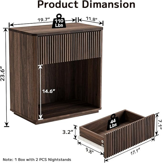 Modern Fluted Nightstand Set of 2 for Bedroom, Mid Century Bedside Table with Drawer & Open Shelf, Wood End Table, Farmhouse Night Stand for Home, Hallway, Office, Walnut