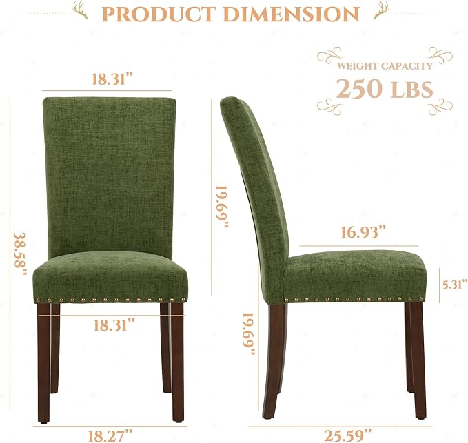 Parsons Dining Chairs Set of 4, Upholstered Nailhead Dining Room Kitchen Side Chair with Thick Cushions and Wood Legs, Green