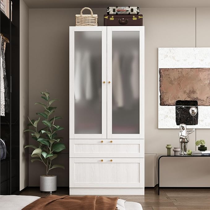 MOUMON Modern Wardrobe with Drawers, Bedroom Armoires with Frosted Glass Doors and Hanging Rod, Armoire Wardrobe Closet with Gold Knobs, Wood Grain 31.5" W x 19.9" D x 70.9" H