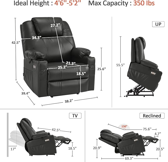MCombo Power Lift Recliner Chair for Elderly R7042(Grey, Small-Wide) | Heat and Massage, Breathable Faux Leather, USB& Type C Charging Port, FSC Certified