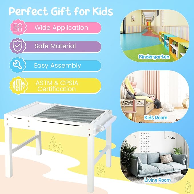 HONEY JOY Kids Table, 2 in 1 Toddler Wooden Activity Table with Paper Roll, Convertible Building Block Tabletop, 3 Storage Compartments, Children Furniture Set for Daycare, Playroom, White