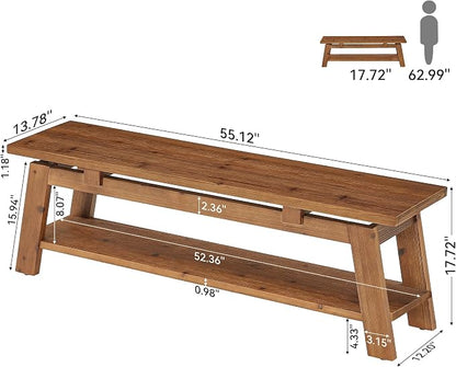 Solid Wood Bench, 55" Farmhouse Entryway Bench with Shoe Storage | End of Bed Bench Shoe Bench Seat for Entrance Hallway Bedroom Living Room, 350 lb Capacity, Scratch Resistant, Natural Brown