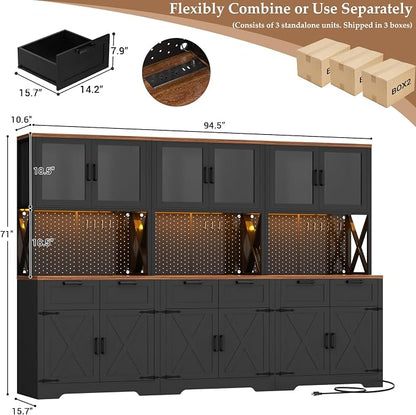 Unikito 94.5" Wide Kitchen Pantry Cabinet with 3 Power Outlets & LED Light, 71" Tall Large Kitchen Hutch with Countertop, DIY Pegboard with 18 Hooks & 6 Drawers, Farmhouse Food Pantry, Rustic Black