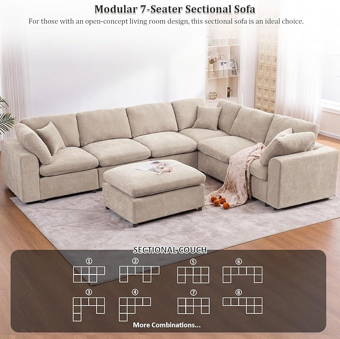 Oversized Modular Sectional Sofa Couch for Living Room, Light Camel | Large 7 Seater Corner Sofa | Modern U Shaped Sectional | with Ottoman | Spacious Space | Comfy Chenille | for Large Families