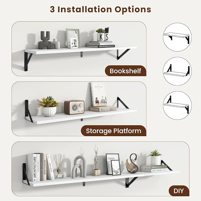 Axeman 36 Inch Floating Shelves | 8 Inch Deep White Wall Shelves Set of 2 | 36''W x 8''D Rustic White Wood Shelves for Bathroom Living Room Bedroom Kitchen