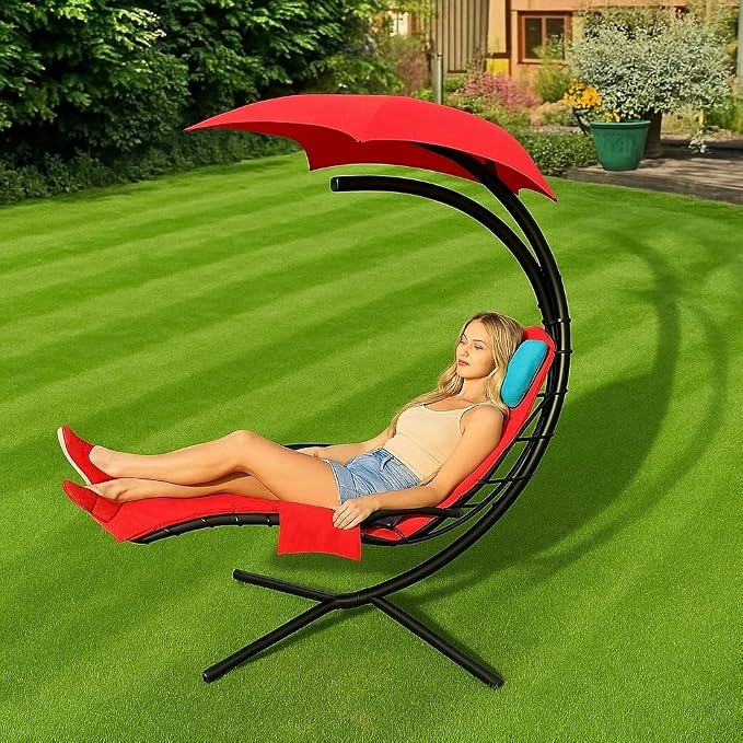 Replacement Cover for Outdoor Hanging Lounge Chair Cushion (Cover Only), Waterproof, with Umbrella Fabric and Inflatable Headrest, Patio Curved Chaise Hammock Swing Lounger Cushion Cover （Claret）