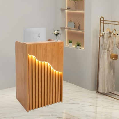 Reception Desk with Counter, Front Desk Reception Counter with LED Light & Lockable Drawer, Wooden Checkout Counter for Lobbies, Salons, Retail, Home Offices, Reception Room - Oak Color