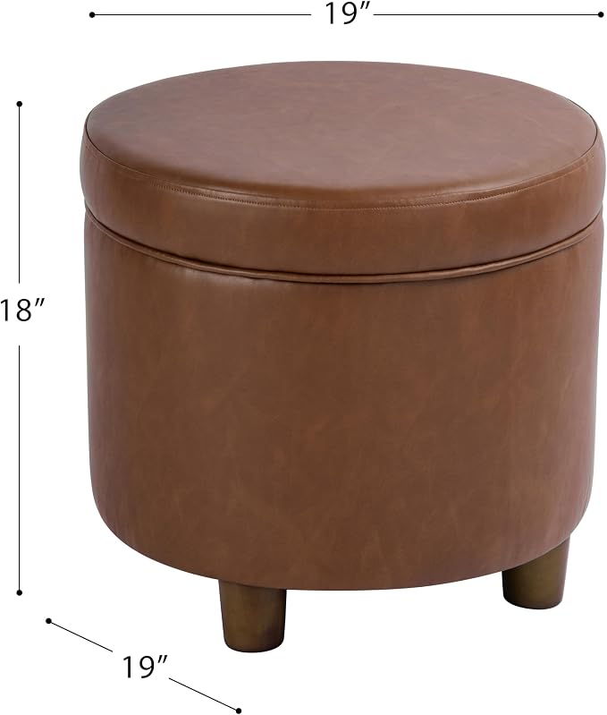 HomePop 19" Round Storage Ottoman - Chestnut Brown Faux Leather