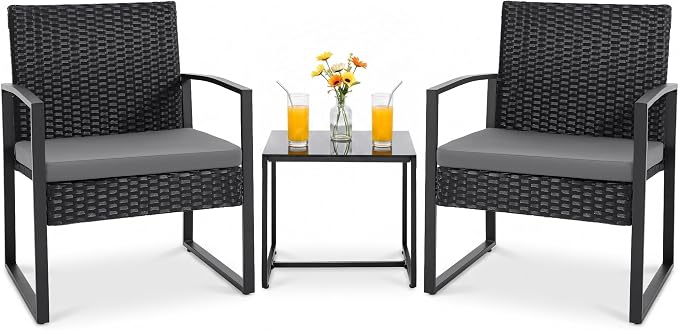Flamaker 3 Pieces Patio Set Outdoor Wicker Furniture Modern Bistro Rattan Chair Conversation Sets with Coffee Table for Yard (Grey)