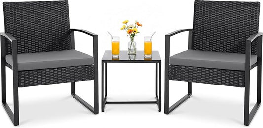 Flamaker 3 Pieces Patio Set Outdoor Wicker Furniture Modern Bistro Rattan Chair Conversation Sets with Coffee Table for Yard (Grey)