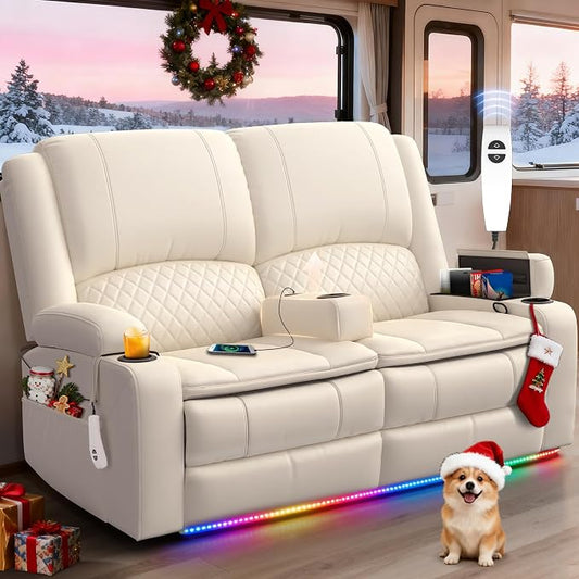 Loveseat Recliner Sofa, Power Reclining Loveseat Sofa RV Couch with Removable Armrest and Remote Control, Wall Hugger Home Theater Seating with 2-Tier Cushions, Storage & USB Ports, White