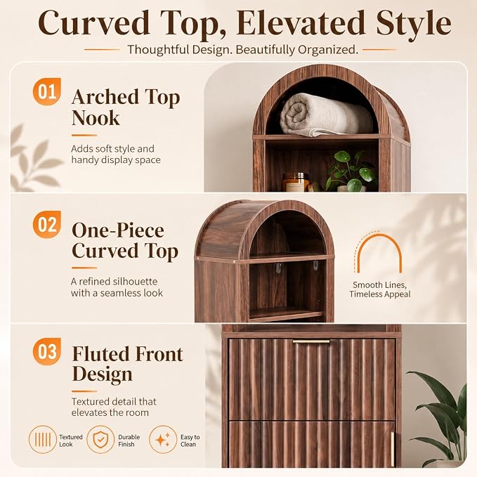 VINGLI Tall Bathroom Storage Cabinet, 66.9" Freestanding Narrow Linen Cabinet with Arched Open Shelves, Drawer & Door, Slim Skinny Wood Cabinet for Bathroom, Living Room, Entryway, Dark Walnut