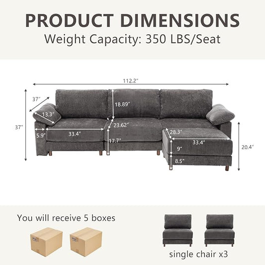 Oversized Modular Cloud Couch with Removable Washable Cover, L Shaped Sectional for Large Living Room,Sofa Plush Chenille & Deep Seat（Grey）