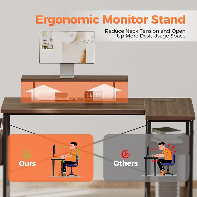 Mericonia Small L Shaped Computer Desk with Power Outlets, Reversible Gaming Desk with Storage Shelves & Monitor Stand, Corner Gamer Desk Table, Study Writing Table