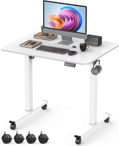 32" Small Electric Rolling Standing Desk Adjustable Height, Mobile Sit Stand up Desk with Lockable Casters for Home Office & Computer Workstation, Splice Board, 2 Hooks, White Frame/White Top