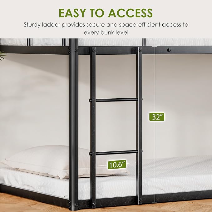 Triple Bunk Beds, 3 Bunk Bed Twin Over Twin Over Twin with 2 Ladders, Metal Frame with Guardrails,Heavy Duty Triple Bed Frame for Teenagers/Adults Bedroom, No Box Spring Needed