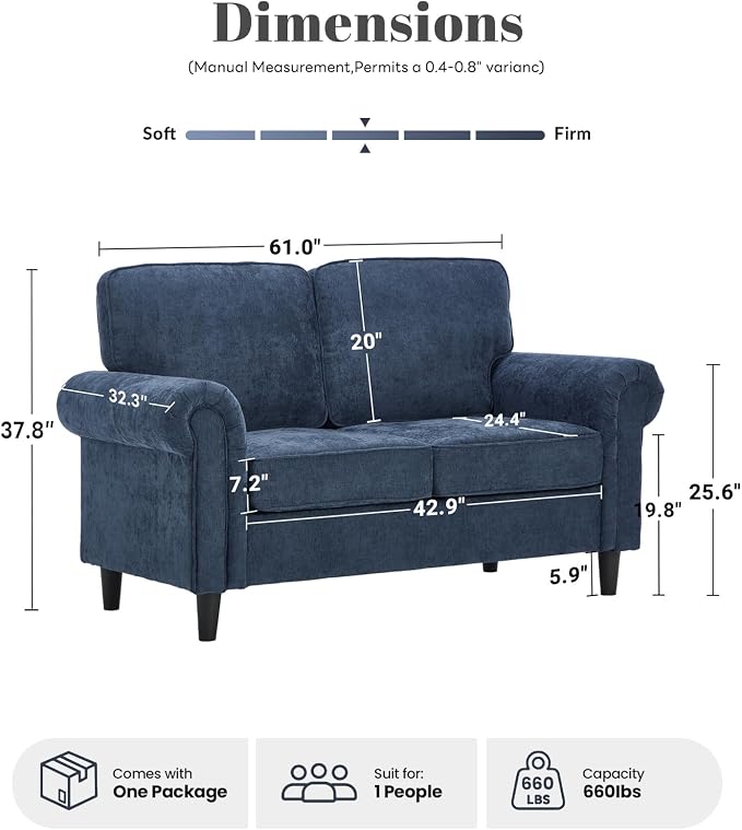 Kingfun Loveseat 2 Seater Couch, Mid Century Modern Chenille Sofa with Rolled Arms and Deep Seats, Fluffy Comfort for Living Room, Apartment, Easy Assembly, Blue