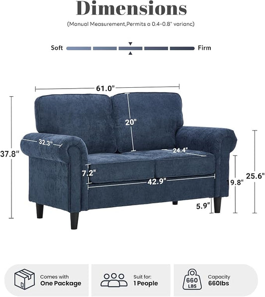Kingfun Loveseat 2 Seater Couch, Mid Century Modern Chenille Sofa with Rolled Arms and Deep Seats, Fluffy Comfort for Living Room, Apartment, Easy Assembly, Blue