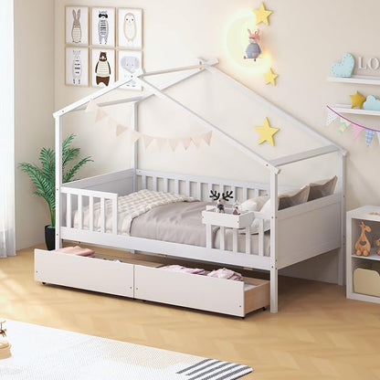 Giantex Twin House Bed with Drawers, Wooden Twin Bed Frame with Cube Storage & Fence Rails, Montessori Beds for Kids Boys, Girls, Bedroom, Living Room, No Box Spring Needed, White