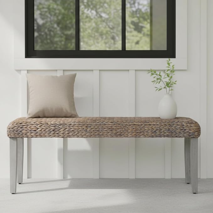 Solid Wood Acacia Indoor Bench with Natural Woven Water Hyacinth Seat, Wood Bench for Living Room or Entryway, Vintage Bench, Fishbone Style, Grey Leg