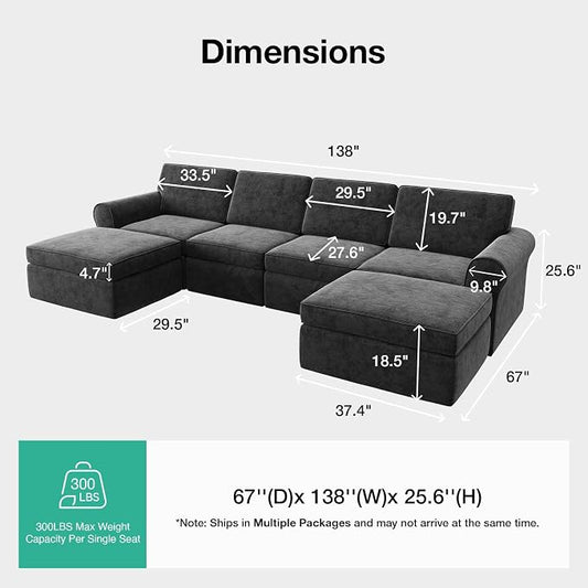 Novilla 138" Modular Sectional Sofa, Modular Sectional Couches for Living Room, Chenille Removable Cover Boneless Couch with Smarts Coil® Support U-Shaped Couch(Dark Grey, 4 Seater + 2 Ottoman)