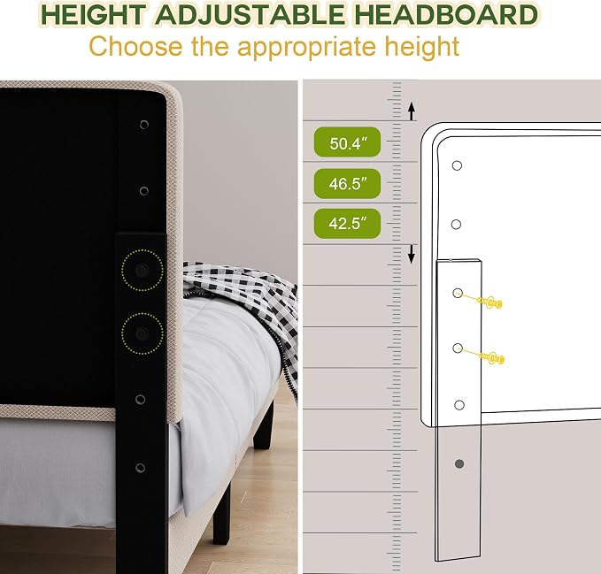 King Size Bed Frame with Headboard, Platform Bed with Soft Linen Upholstered Headboard | Wooden Slats Support | Adjustable Height | No Box Spring Needed, King Bed Frame Beige
