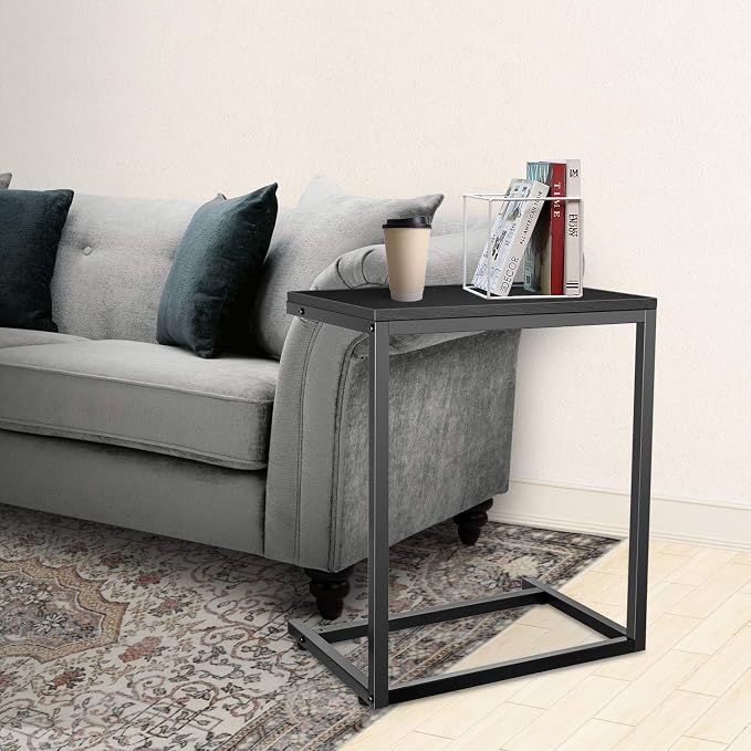 YSSOA Hardwood Surface C Shaped Sofa Side End Snack Desk, 13.75" x 21.75" x 27", Wooden, Black