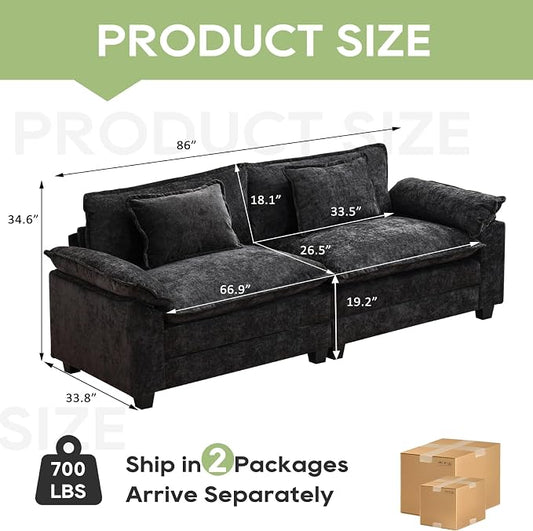 Oprisen 86" Modular Sectional Sofa, Comfy Cloud Couch Sectional Sofa with Ottoman, Chenille Sofa Sleeper Deep Seat Sofa with Throw Pillows for Living Room (Black, 86"- Loveseat)
