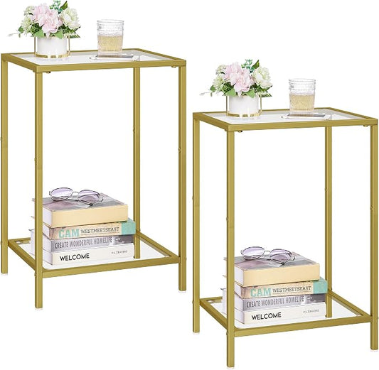 HOMSHO Side Tables Set of 2, End Tables with Tempered Glass, 2-Tier Nightstands with Storage Shelves, Coffee Table with Modern Style, Slim Sofa Table for Living Room, Bedroom, 11.8" D x 15" W, Gold