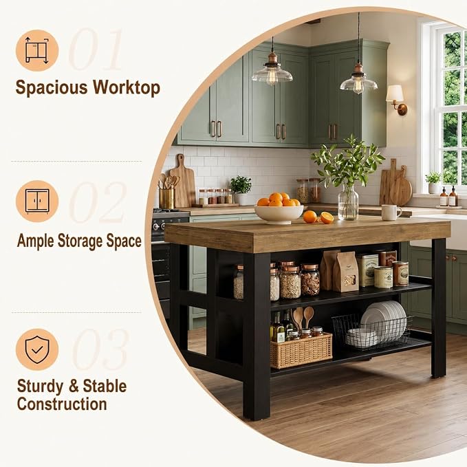 Tribesigns 55.1-Inch Kitchen Island with Seating and Storage, 3-Tier Large Farmhouse Island Table with Large Countertop and Leg Room for Kitchen Dining Room (Brown and Black)