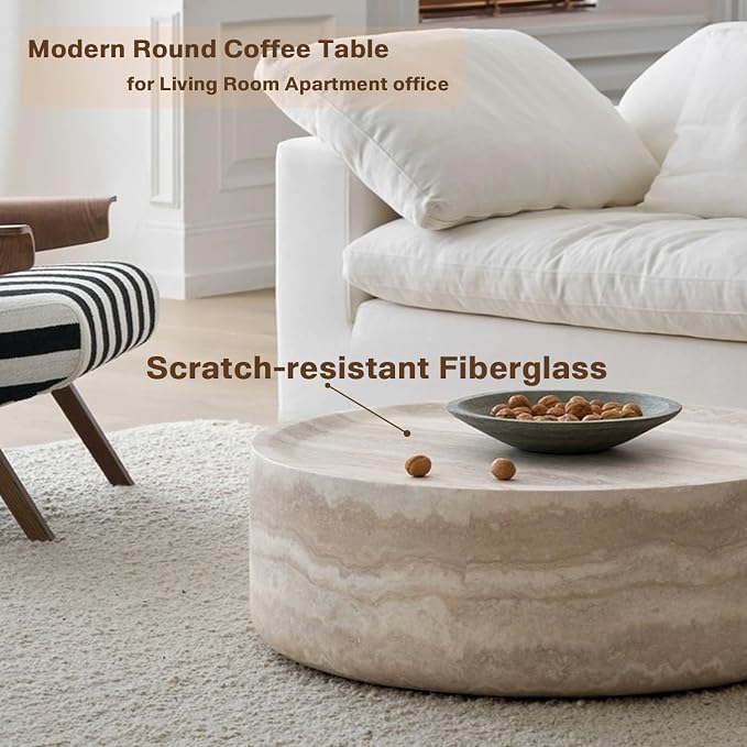 Faux Marble Coffee Table, Modern Round Coffee Table for Living Room, Circle Drum Coffee Side Tables, Fiberglass Center End Table for Small Place Apartment Office, 31.49" Marble