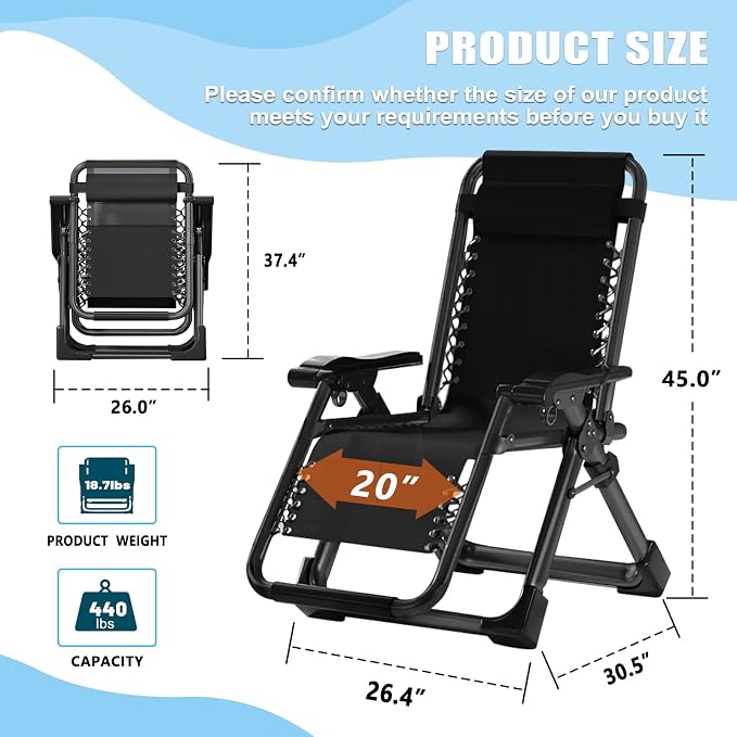 DoCred Zero Gravity Chair, Lawn Recliner, Reclining Patio Lounger Chair, Folding Portable Chaise with Detachable Headrest and Cup Holder