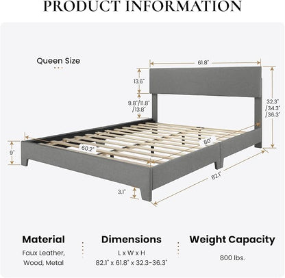 SHA CERLIN Linen Upholstered Queen Size Bed Frame with Headboard,Light Gray | Adjustable Low-Profile Platform Bed, Minimalist Design, Stable Mattress Foundation, Strong Back-Support, No Box Spring Needed